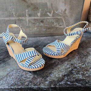 Eva & Zoe Blue/White Striped Sexy 1940s Cork Wedge Sandals Size 8